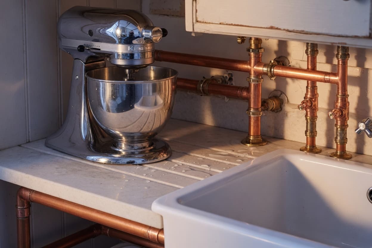 Copper pipework and a butler sink in a kitchen.